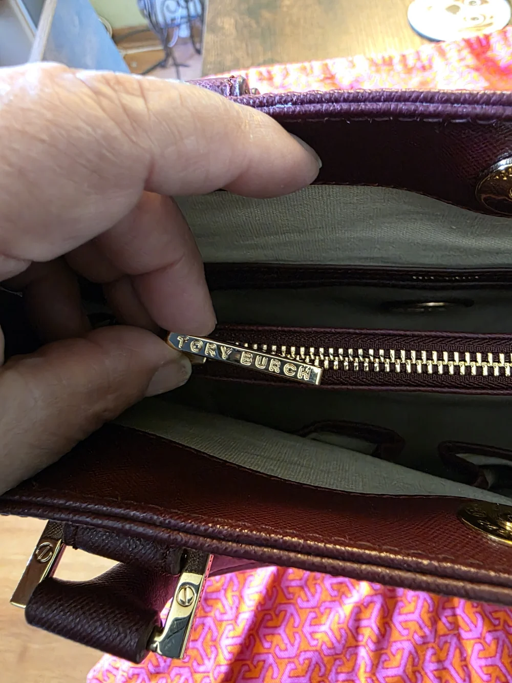 Tory Burch Plum Leather Double-Handle Tote with Gold Logo